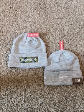 Supreme Light Grey Cuffed Beanie with Camo Box Logo